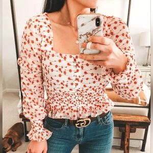 Code X Mode Floral Embroidered Smocked Women's Blouse - Red/ White Sz: XS